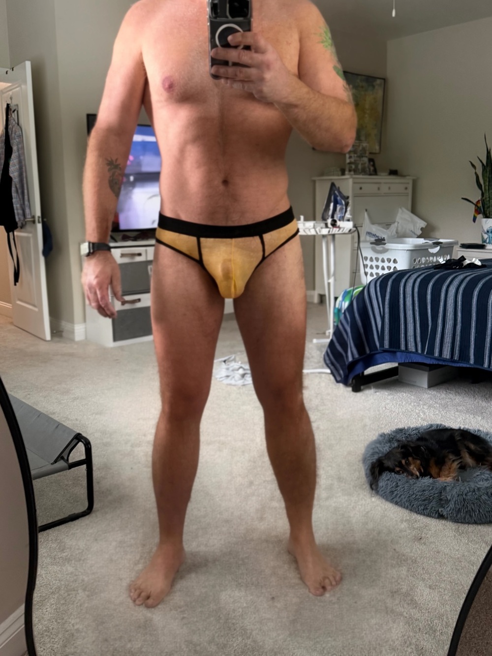 Men's Yellow Sheer Mesh Thong XL - Picture 2 of 3
